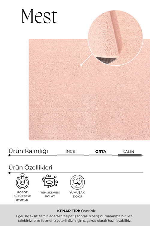 Mest Pembe Premium Kadifemsi Halı Oturma Odası-Salon-Mutfak-Kaymaz Taban -Yıkanabilir-Modern