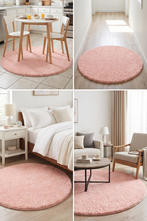 Yuvarlak Mest Pembe Premium Kadifemsi Halı Oturma Odası-Salon-Mutfak-Kaymaz Taban -Yıkanabilir