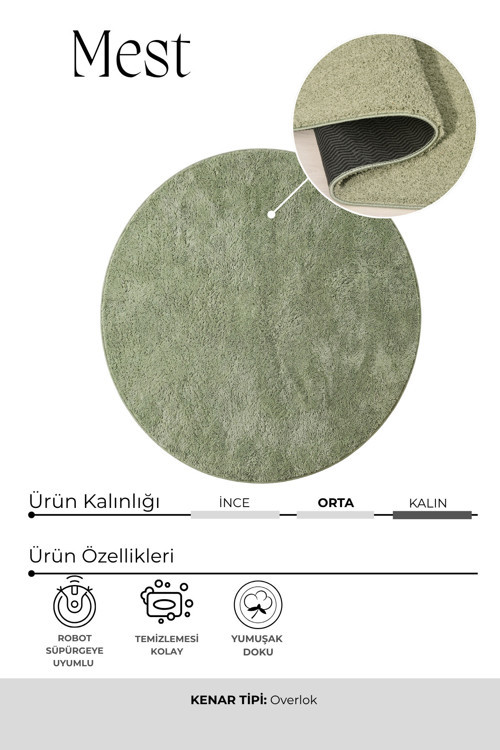 Yuvarlak Mest Yeşil Premium Kadifemsi Halı Oturma Odası-Salon-Mutfak-Kaymaz Taban -Yıkanabilir