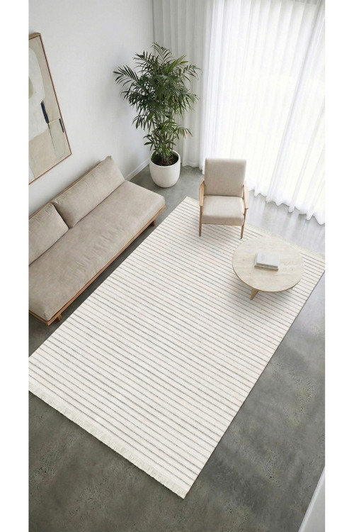 Liora Kilim Beyaz Pamuk Dokuma Yumuşak Halı | Kaymaz Tabanlı, Yıkanabilen Modern Tasarımlı Kilim