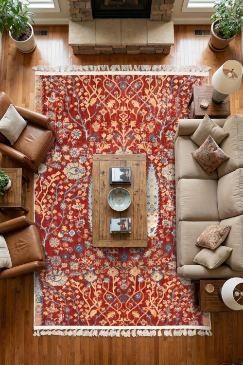 Yakut Çok Renkli Etnik Desenli Halı-Oturma Odası,Salon-Kırmızı Vintage Görünüm-Modern & Klasik Uyumu