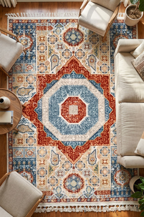 Yakut Çok Renkli Etnik Desenli Halı-Oturma Odası,Salon-Kırmızı Vintage Görünüm-Modern & Klasik Uyumu