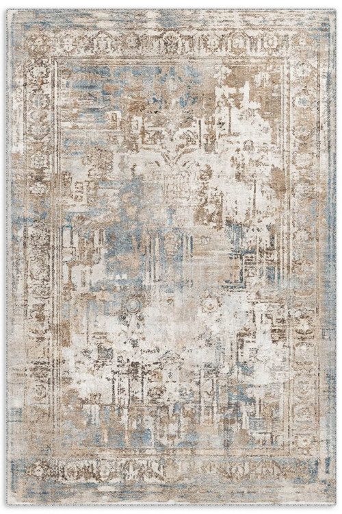 Tasarım Çift Taraflı Yıkanabilir Şönil Halı Kilim Yolluk Çerçeveli Eskitme Bej Mavi