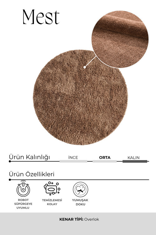 Yuvarlak Mest Kahve Premium Kadifemsi Halı Oturma Odası-Salon-Mutfak-Kaymaz Taban -Yıkanabilir