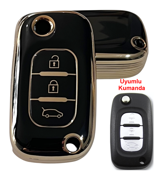 Renault Fluence Megane 3 Uyumlu Kumanda Anahar Kılıfı Oto Anahtarlık Siyah Gold