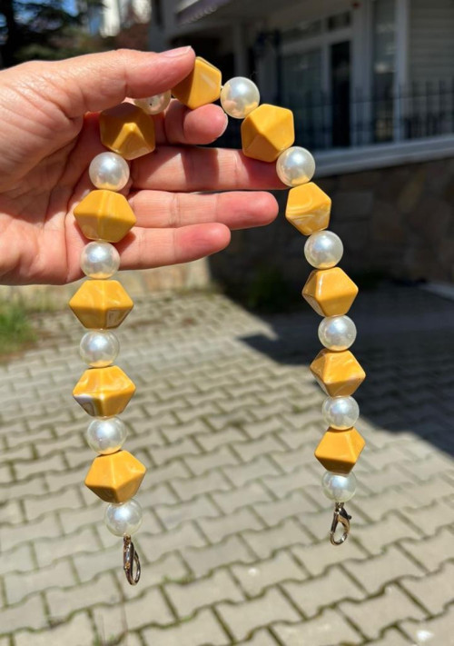 40 cm Hardal Sarı Renk İncili Çanta Sapı Kancalı