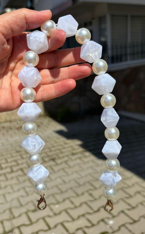 40 cm Beyaz Renk İncili Çanta Sapı Kancalı