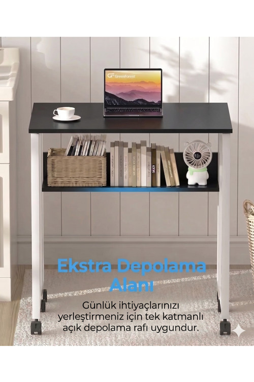Sidney Kitaplık Raflı Katlanır Masa 70cm Tekerli Bilgisayar Masası Laptop Masası Beyaz-Siyah