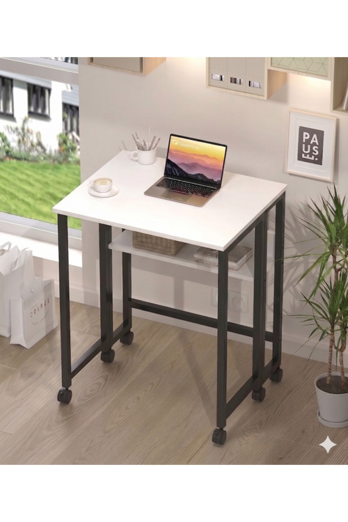 Sidney Kitaplık Raflı Katlanır Masa 70cm Tekerli Bilgisayar Masası Laptop Masası Siyah-Beyaz