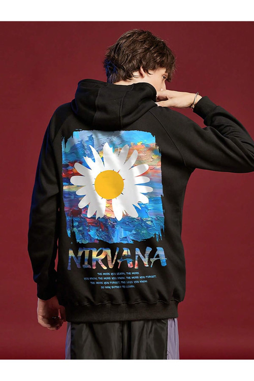 Nırvana Papatya Ön Arka Baskılı Siyah Kapüşonlu Sweatshirt Hoodie