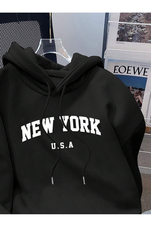 New York Ön Baskılı Siyah Oversize Kapşonlu Sweatshirt Hoodie