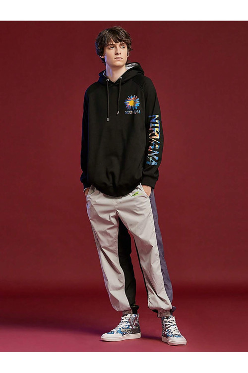 Nırvana Papatya Ön Arka Baskılı Siyah Kapüşonlu Sweatshirt Hoodie
