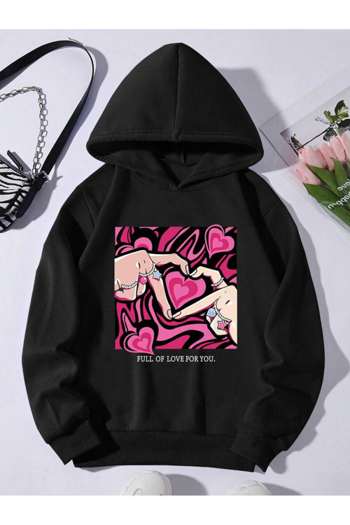 Kalp Ön Baskılı Siyah Oversize Kapşonlu Sweatshirt Hoodie