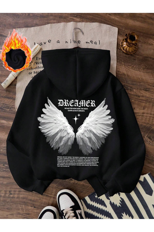 Baskılı Siyah Kapüşonlu Sweatshirt Hoodie