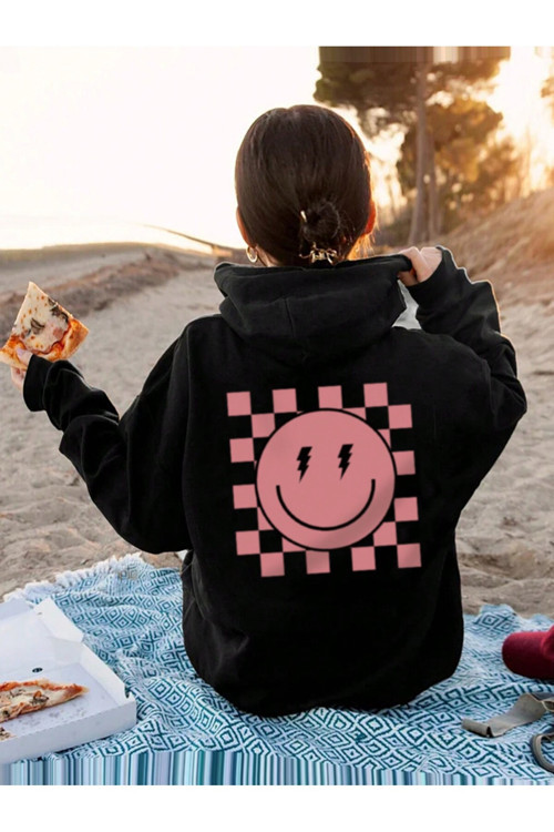 Unisex Sweatshirt – Pembe Gülen Yüz Ön Arka Dijital Baskılı , Oversize, Kapüşonlu
