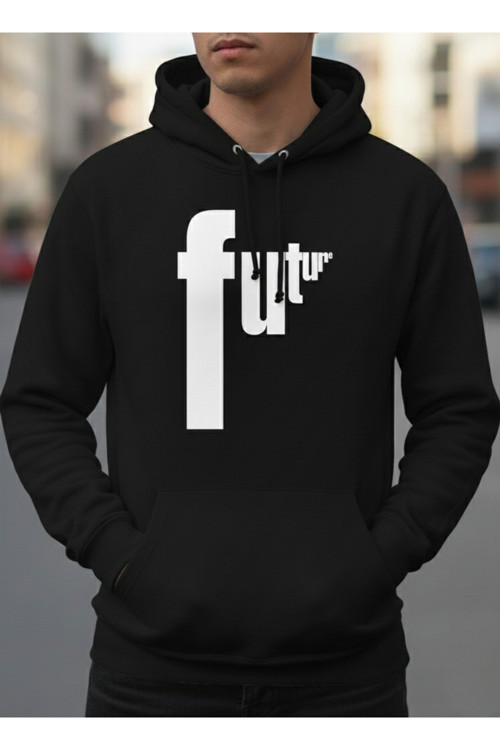 Unisex Sıyah Future Yazılı Oversize Kapüşonlu Sweatshirt