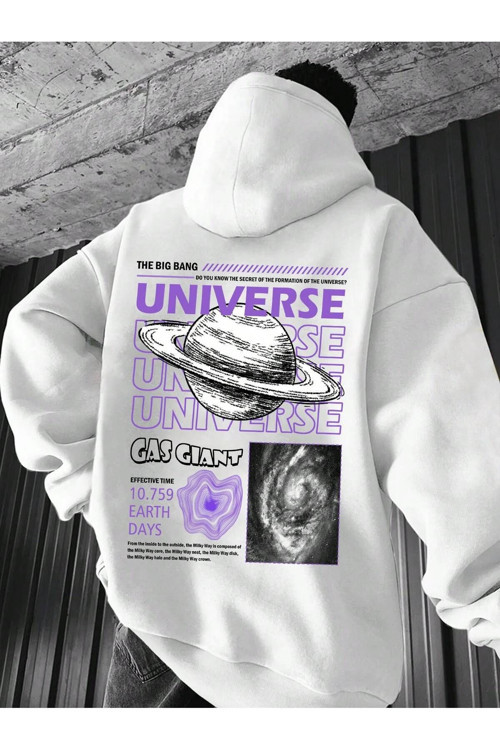Unıverse Baskılı Siyah Kapüşonlu Sweatshirt Hoodie