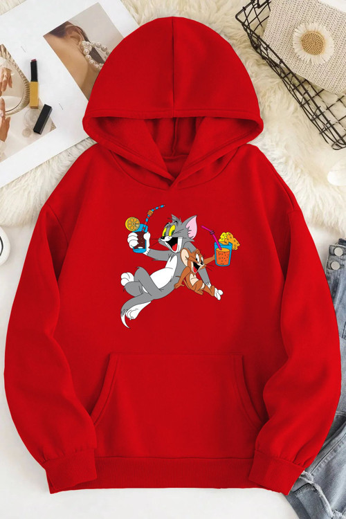 T And J Baskılı Siyah Kapüşonlu Sweatshirt Hoodie