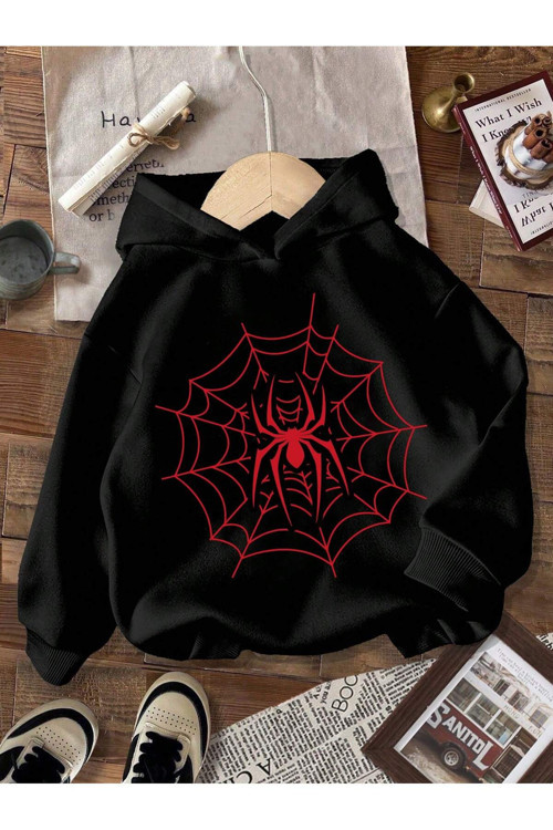 Örümcek Ağı Baskılı Kapüşonlu Sweatshirt Hoodie