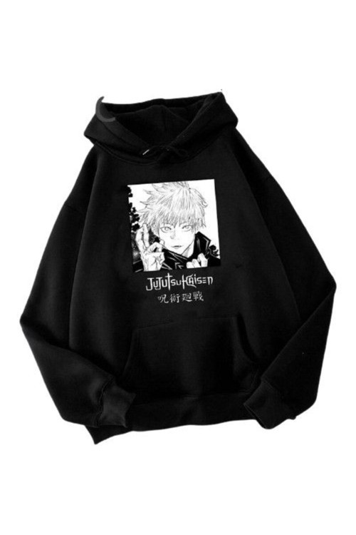 Jujutsu Baskılı Kapüşonlu Sweatshirt Hoodie