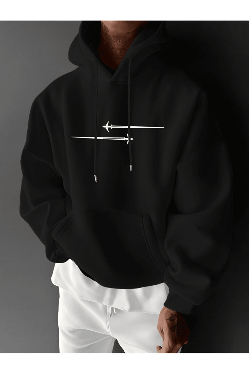 Unisex Oversize Kapüşonlu Sweatshirt Uçak Desenli