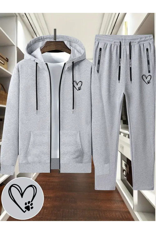 Unisex Oversize Heart & Paw Kapüşonlu Fermuarlı Sweat + Jogger Eşofman Takımı