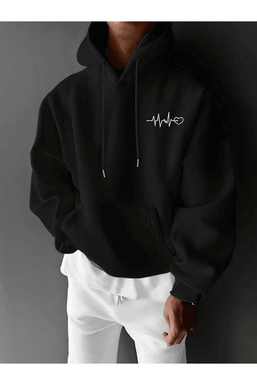 Unisex Oversize Kapüşonlu Sweatshirt Kalp Ritmi Desenli