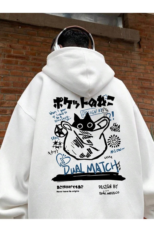 Japon Yazılar Ve Poşette Kedi Ön Arka Baskılı Beyaz Oversize Kapşonlu Sweatshirt Hoodie