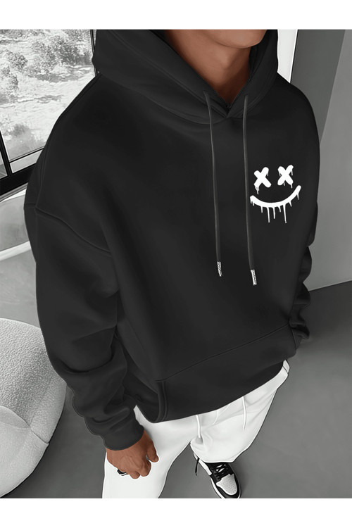 Unisex Oversize Kapüşonlu Sweatshirt Smile Face Desenli