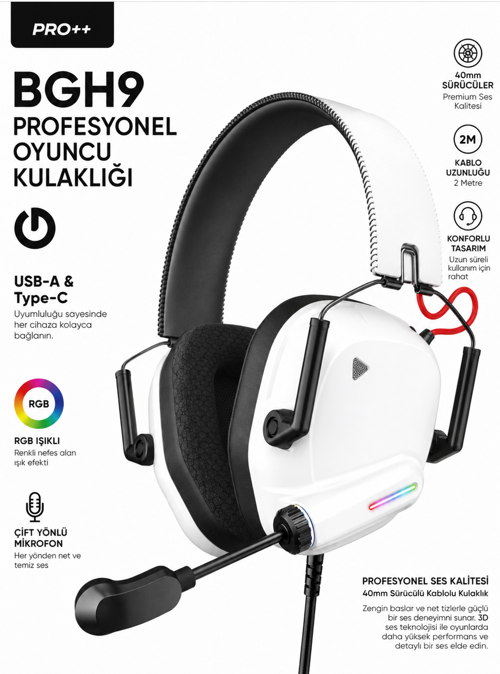 BGH9 Pro++ RGB Oyuncu Kulaklığı Mikrofonlu | USB-A & Type-C Uyumlu Gaming Headset | 40mm Sürücü, 2m Kablo, PC PS4 PS5 Uyumlu