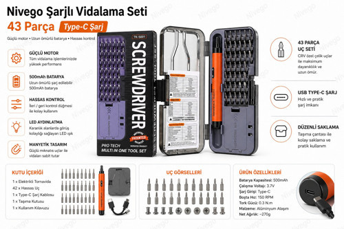 Şarjlı Vidalama Seti 43 Parça – Elektrikli Tornavida Seti 500mAh Type-C Hızlı Şarj, Hassas Uçlu, Telefon Laptop Tamir Kiti