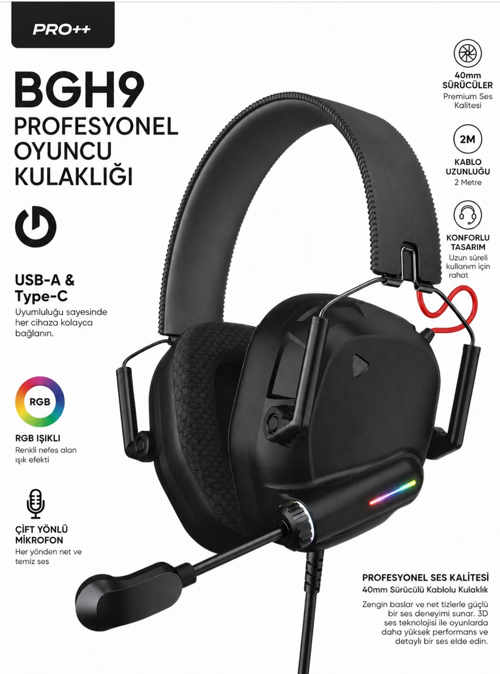 BGH9 Pro++ RGB Oyuncu Kulaklığı Mikrofonlu | USB-A & Type-C Uyumlu Gaming Headset | 40mm Sürücü, 2m Kablo, PC PS4 PS5 Uyumlu