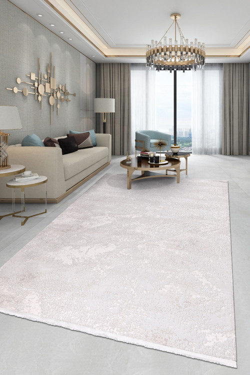 Elyfa Luxe Ekru Akrilik Halı – Salon Ve Oturma Odası, Robot Süpürge Uyumlu, 4M En-Özel Ölçü