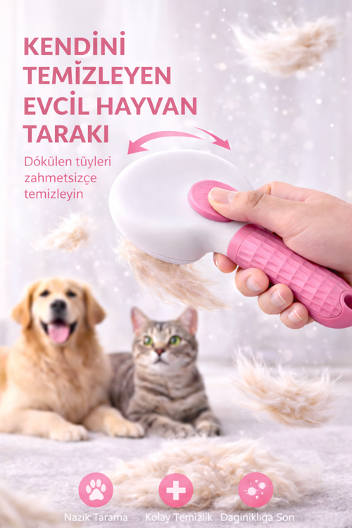 Evcil Hayvan Tüy Toplama Tarağı Pembe – Tek Tuşla Temizlik Kolaylığı