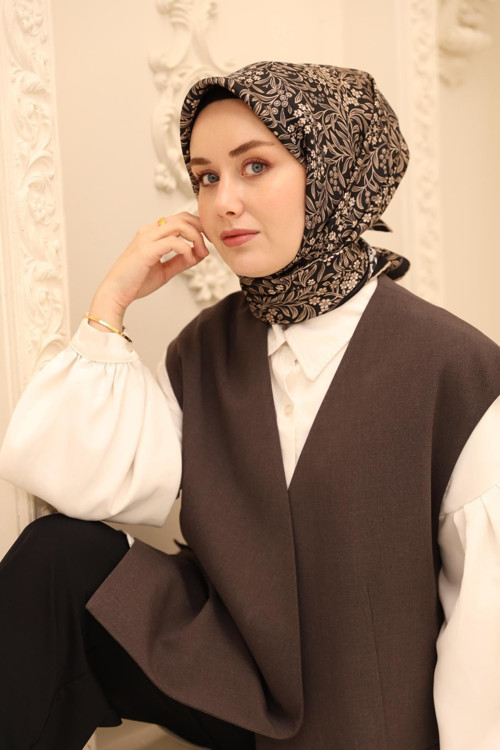 Twill İpek Eşarp 11464-30 Siyah, Vizon, Duman