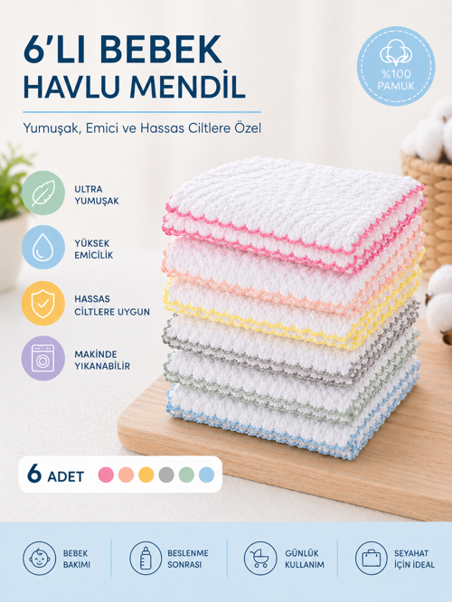 Bebek Ağız Mendili ve Ter Havlusu 6'lı Paket Desenli Pembe 1071