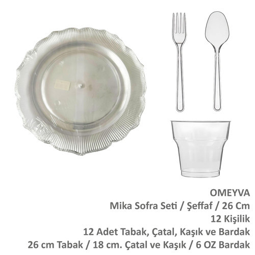 26 Cm. Plastik Mika Şeffaf Sorfa Piknik Seti - 12 Kişilik Tabak Bardak Çatal Kaşık Takımı