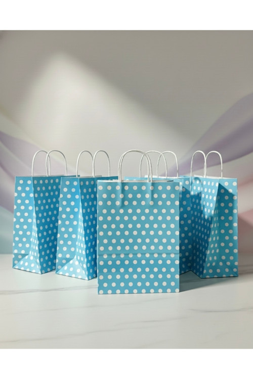 1.Kalite 25X31 Cm ( 20 Adet ) Büyük Boy Mavi Renk Beyaz Benekli Kraft Kağıt Çanta, Hediye Paketi