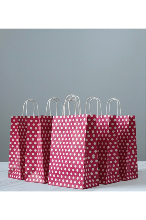 1.Kalite 18X24 Cm (25 Adet) Pembe Renk Beyaz Benekli Kraft Kağıt Çanta,Hediye Poşeti,Hediye Paketi