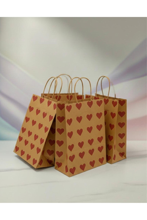 25X31 Cm ( 20 Adet ) Kırmızı Kalp Desenli Kraft Çanta,Hediye Poşeti,Hediye Paketi,Kraft Kağıt Çanta