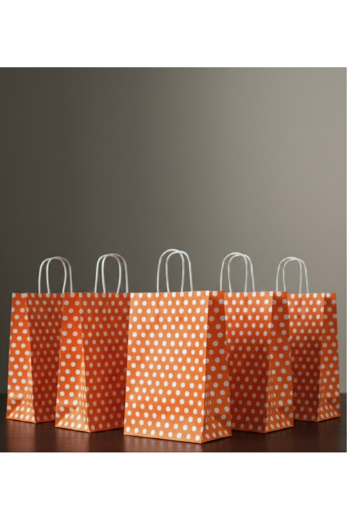 1.Kalite 18X24 Cm (10 Adet) Turuncu Renk Beyaz Benekli Kraft Kağıt Çanta,Hediye Poşeti,Hediye Paketi