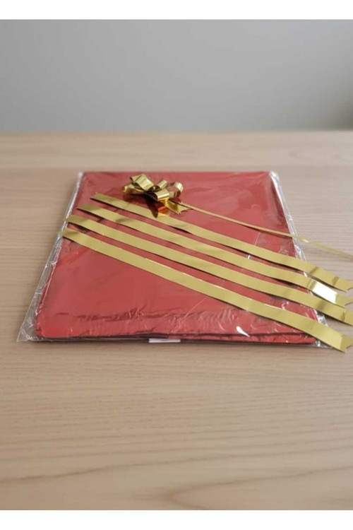 30X35 Cm 50 Adet Yapışkanlı Kırmızı Hediye Paketi+19X45 Cm 50 Adet Gold Çekmeli Fiyonk