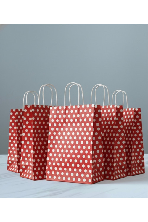 1.Kalite 18X24 Cm (10 Adet) Kırmızı Renk Beyaz Benekli Kraft Kağıt Çanta,Hediye Poşeti,Hediye Paketi