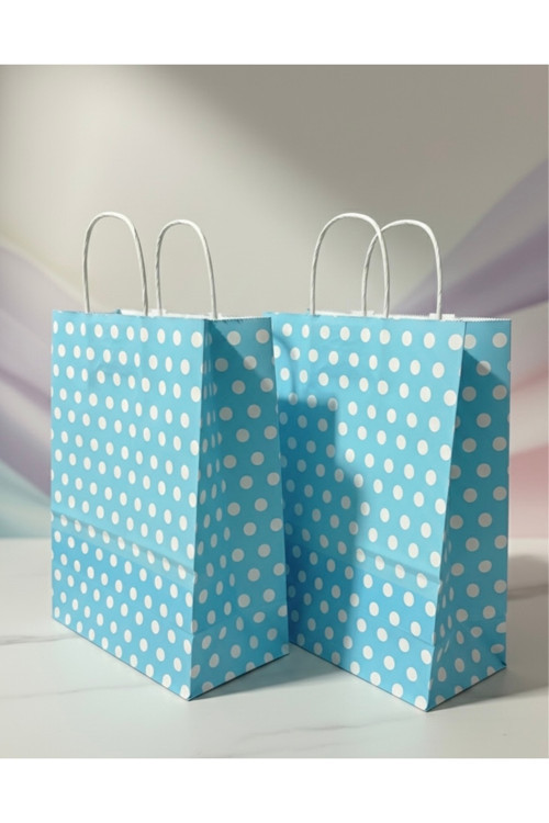 1.Kalite 25X31 Cm ( 5 Adet ) Büyük Boy Mavi Renk Beyaz Benekli Kraft Kağıt Çanta, Hediye Paketi