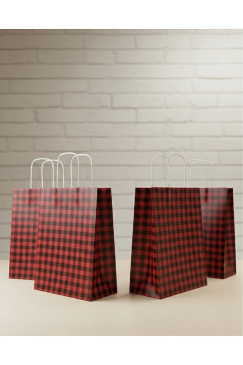 1.Kalite 25X31 Cm(20Adet)Büyük Boy Siyah/Kırmızı Ekose Kraft Kağıt Çanta,Hediye Poşeti,Hediye Paketi