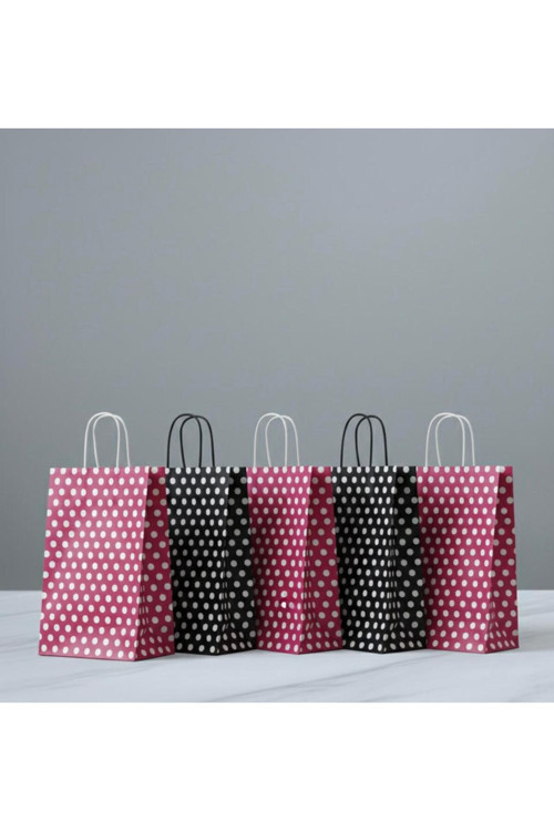 1.Kalite 18X24 Cm (5 Adet) Siyah (5 Adet) Pembe Renk Beyaz Benekli,Kraft Kağıt Çanta,Hediye Paketi