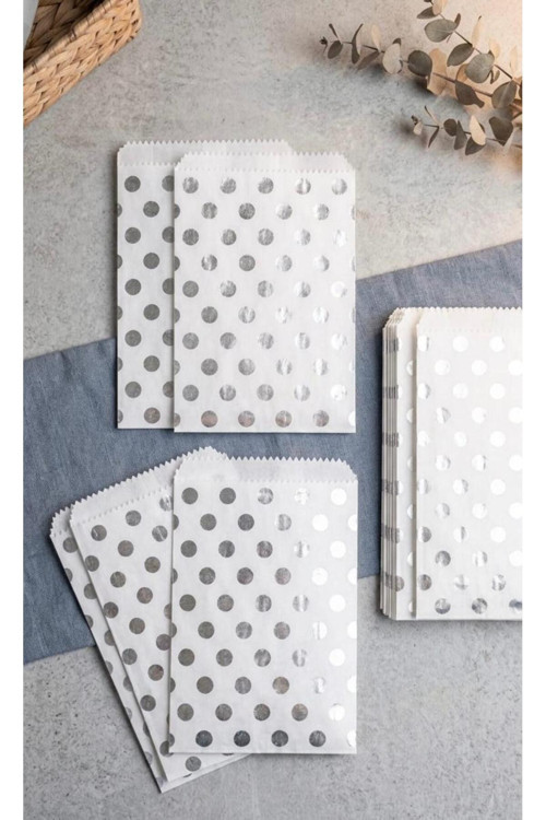 1. Kalite 16X21 Cm (20 Adet) Beyaz Renk Gümüş Benekli Hediye Paketi, Hediye Poşeti,Kraft Kese Kağıdı