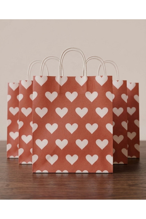 25X31Cm (10Adet)Beyaz Kalp Desenli Kırmızı Kraft Çanta,Hediye Poşeti,Hediye Paketi,Kraft Kağıt Çanta