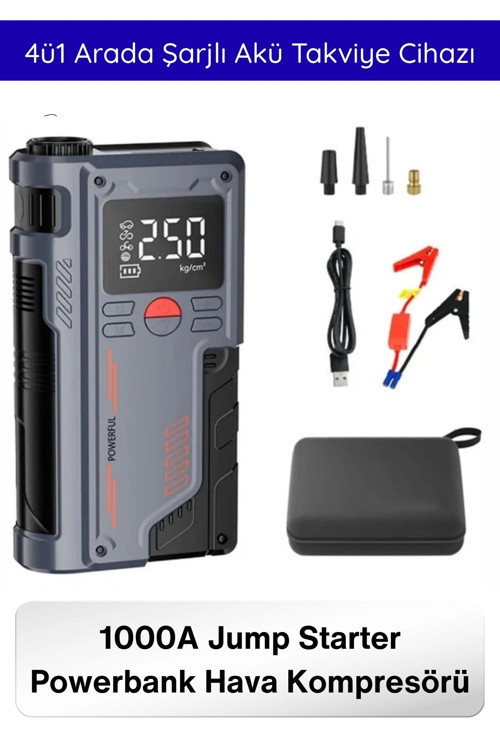 #Kompresör 1000A Jump Starter Powerbank Hava Kompresörü 4ü1 Arada Şarjlı Akü Takviye Cihazı 150 PSI