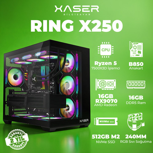 Ring X250 Ryzen 5 7500X3D 16GB DDR5 Ram 512GB M.2 NVMe SSD 16GB RX9070 Masaüstü Oyuncu Bilgisayarı